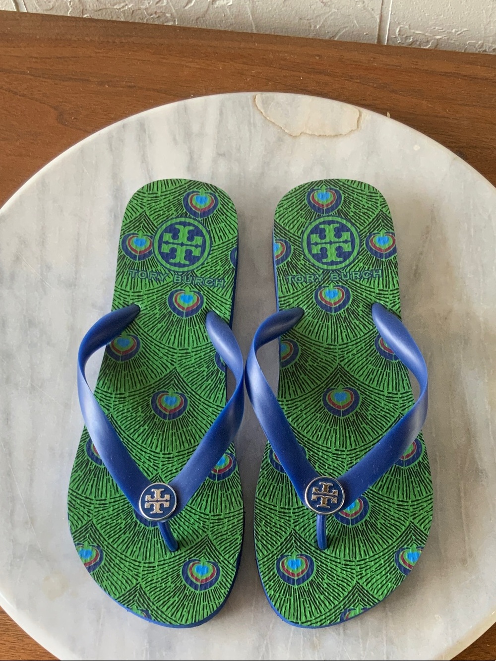 Tory Burch Green Peacock-Print Flip Flops with Blue Straps